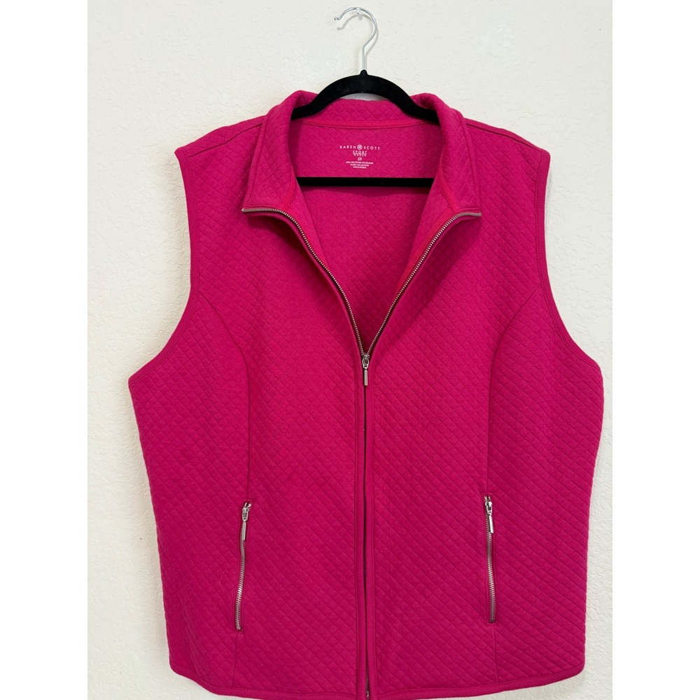 Karen Scott Quilted Vest‎ Womens Pink Sleeveless Zip Pockets Casual Layering